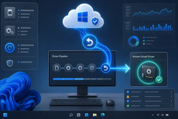 Cloud and Windows-style driver pipeline graphic showing a verified “Known Good Driver” for device update.