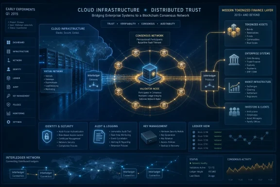 Blue tech infographic showing blockchain cloud infrastructure, distributed trust, and tokenized finance network.