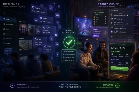 A gaming interface shows consent-focused prompts and chat overlays beside players on a couch.