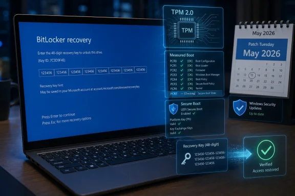 Windows BitLocker recovery screen with TPM 2.0 prompt on a laptop, showing a verified restore.