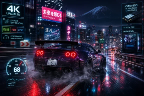 A sleek sports car races through a neon Tokyo skyline, with 4K gaming performance HUD overlays.