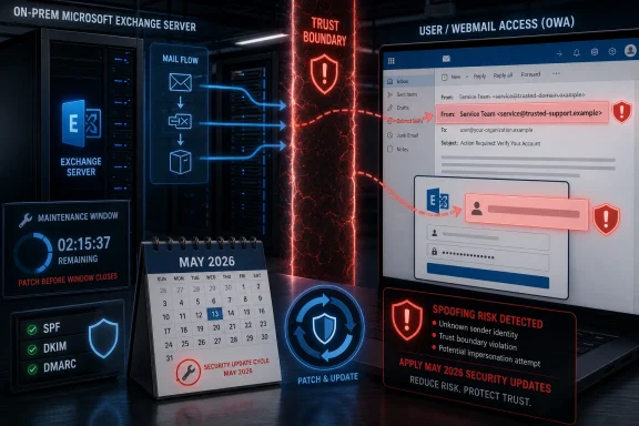 Illustration of an on-prem Microsoft Exchange server showing trust boundary and spoofing risk alerts.