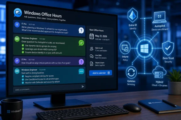 Windows Office Hours app UI on a monitor with security and identity icons for IT collaboration.