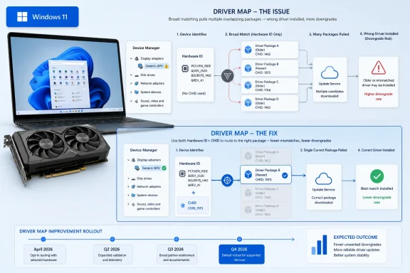 Diagram explaining Windows 11 driver “map” issues and fixes to prevent wrong driver installs and downgrades.