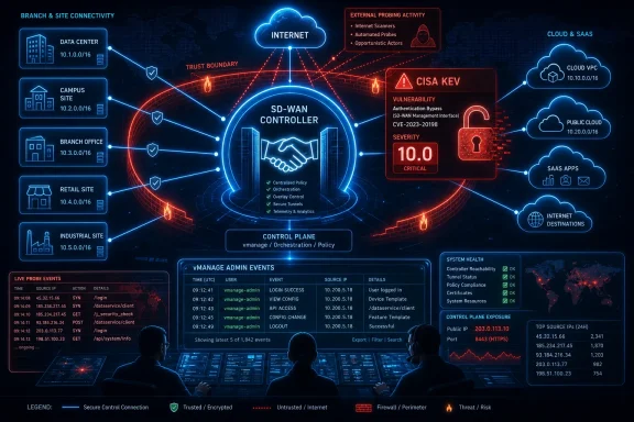 Cybersecurity dashboard visual showing SD-WAN controller, network connectivity, CISA KEV vulnerability alerts, and live monitoring.