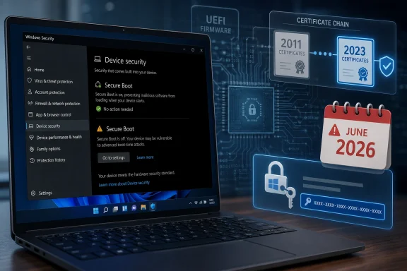 Laptop screen shows Windows Device Security with Secure Boot and UEFI certificate info, plus a June 2026 calendar.