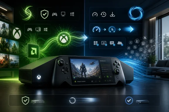Gaming console with controller, split green/blue data streams and holographic UI icons in a modern room.