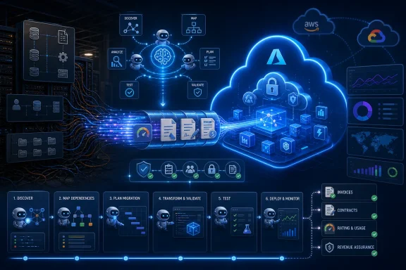 Cloud migration workflow dashboard with AI robots, secure data icons, and AWS-style services in a server room.