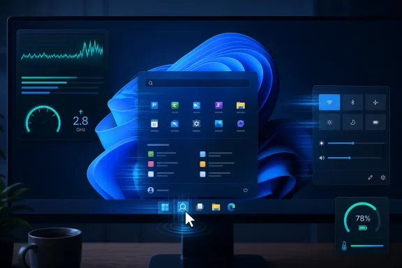 Blue cloud-style Windows interface with app tiles and system controls over a laptop desktop background.