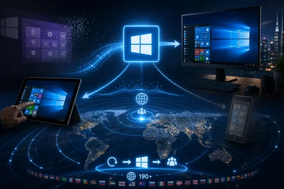 Digital workflow connects tablets and computers with Windows icons via a glowing global network map.