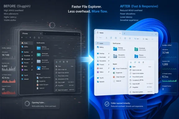 Split-screen graphic shows faster Windows File Explorer with reduced overhead and latency versus a sluggish version.
