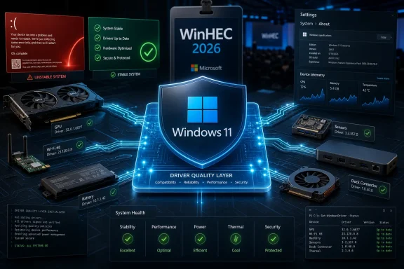 Futuristic “Windows 11” system health and driver status dashboard with WinHEC 2026 and hardware icons.