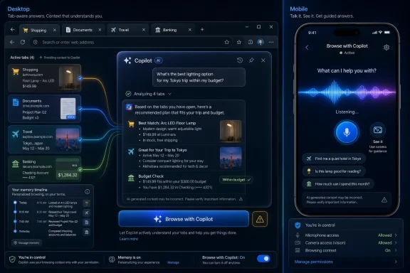 Microsoft Copilot desktop and mobile interfaces show personalized trip planning and voice assistant prompts.