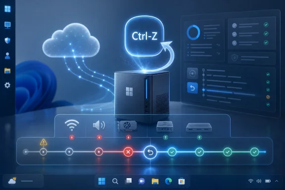 Futuristic Windows PC with cloud and server icons, Ctrl-Z undo prompt, and status check visuals.