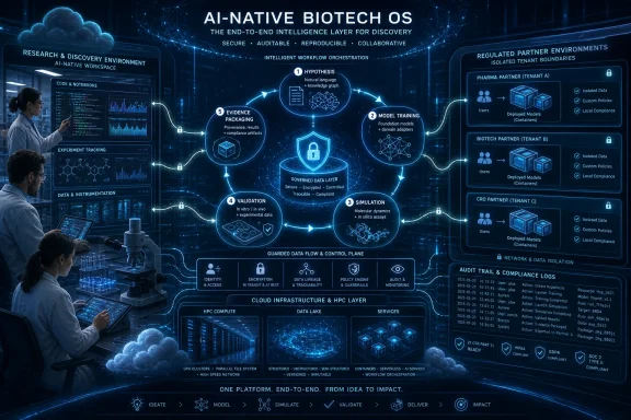 AI-NATIVE biotech OS infographic shows secure, auditable workflow from hypothesis to model delivery across partner tenants.