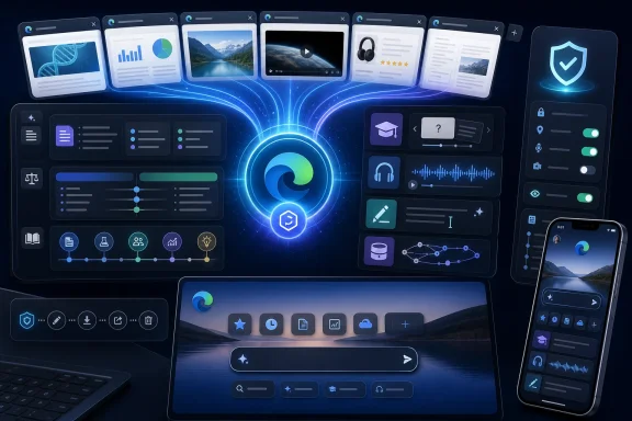 Futuristic dashboard of multiple app windows and analytics around a glowing central security icon.