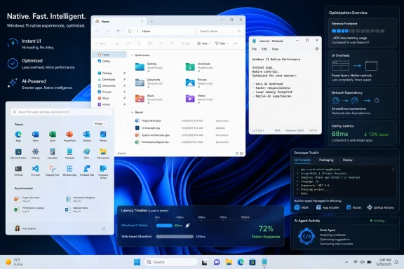 Screenshot-style graphic promoting Windows 11 native optimization with memory, latency, and AI agent panels.