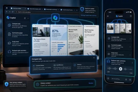 A laptop and phone display Copilot tabs with summaries and analytics for workplace topics.
