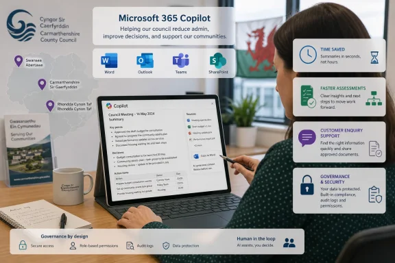 Woman using a laptop with Microsoft 365 Copilot interface for council meeting summaries and AI support graphics.