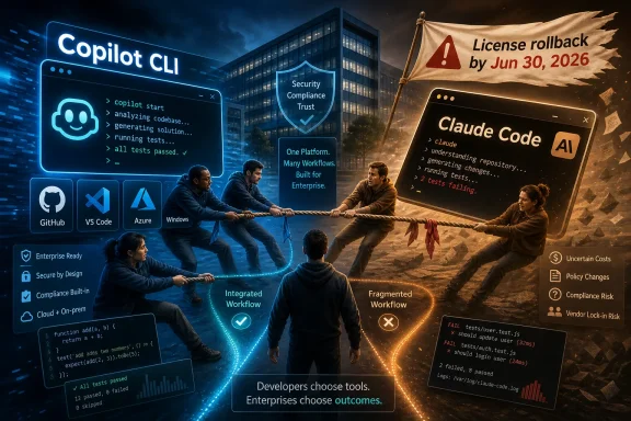 Futuristic coding teamwork scene comparing secure Copilot CLI vs risky Claude Code license rollback.