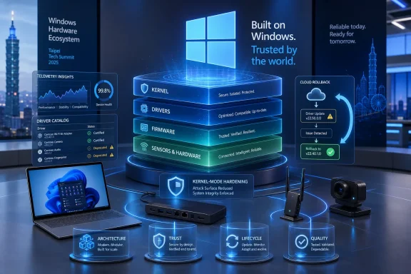 Futuristic Windows hardware security diagram with stacked kernel, drivers, firmware, and devices.