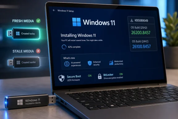 Laptop screen shows Windows 11 setup installing updates at 42% with a USB “Windows Installation Media” drive.