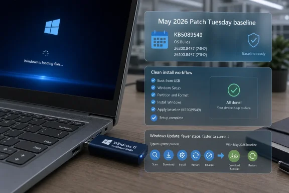 Laptop shows Windows loading with May 2026 Patch Tuesday baseline KB5089549 clean-install workflow UI.