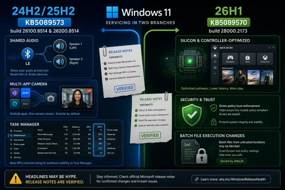 Microsoft Windows 11 update release notes graphic comparing 24H2/25H2 and 26H1 with security and performance highlights.