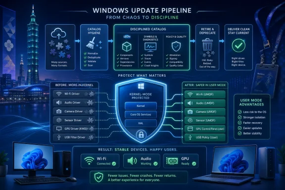 Infographic showing Windows driver update pipeline transitioning from chaos to safer, disciplined updates and user-mode benefits.