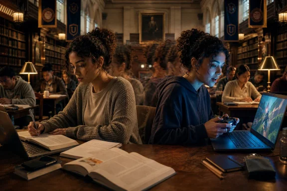 Students studying in a grand library, one writing while another uses a laptop and game controller at a table.