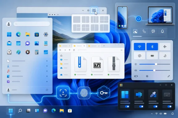 Futuristic Windows 11-style desktop with app icons, file manager windows, and system control panels.