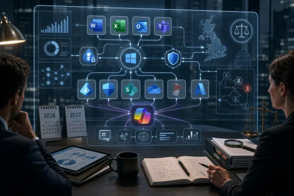 Business team reviews a futuristic digital dashboard of cloud, data, and legal/analytics icons during a meeting.