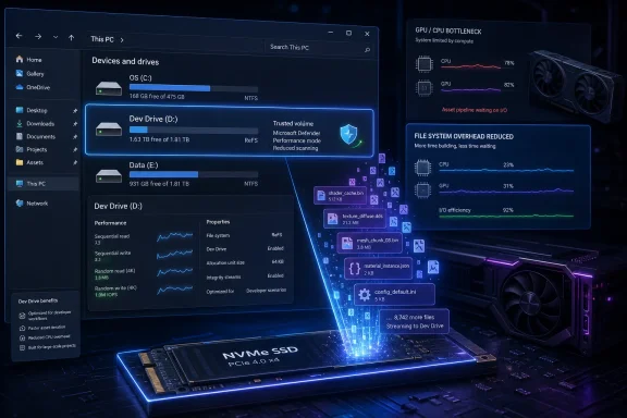 A stylized Windows “This PC” screen analyzes SSD Dev Drive performance with CPU/GPU bottleneck charts and game-like UI.