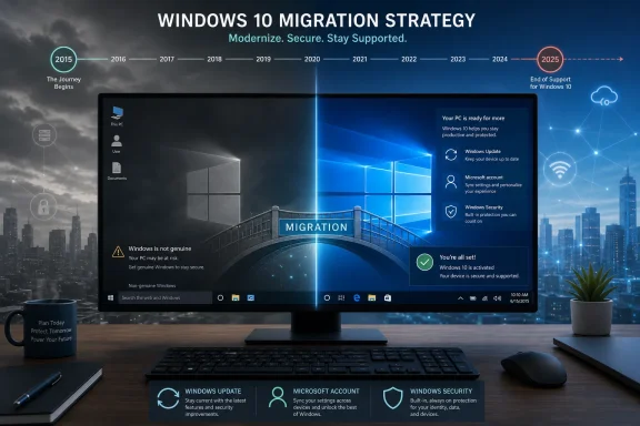 An illustrated desktop shows a Windows 10 migration timeline and security guidance toward 2025 end of support.