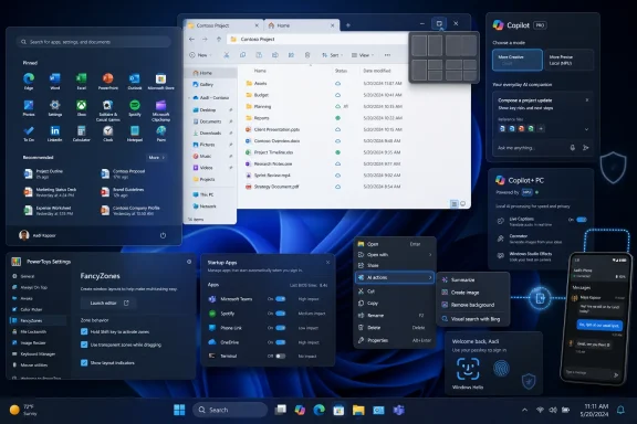 Windows desktop showing File Explorer, Copilot Pro chat, and settings dialogs over a blue wave wallpaper.