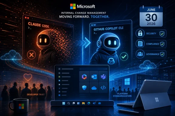 Microsoft-themed tech graphic showing Claude Code to GitHub Copilot CLI, with security and compliance icons.