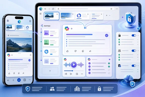 A tablet and smartphone show a Google-style dashboard with UI cards, charts, and security lock icons.