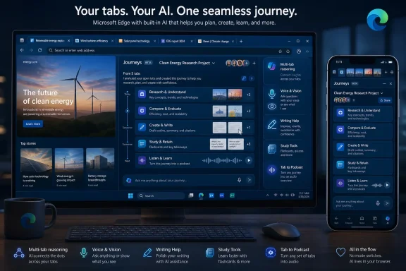 Microsoft Edge AI multi-tab “journeys” interface shown on a computer and phone screen.