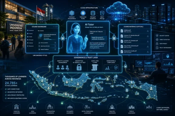Nighttime university tech hub with an AI tutor, cloud infrastructure, and cybersecurity governance graphics over Indonesia.
