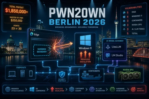 Cybersecurity event poster for Pwn2Own Berlin 2026, showing vulnerabilities and AI/Windows 11 attack flow visuals.