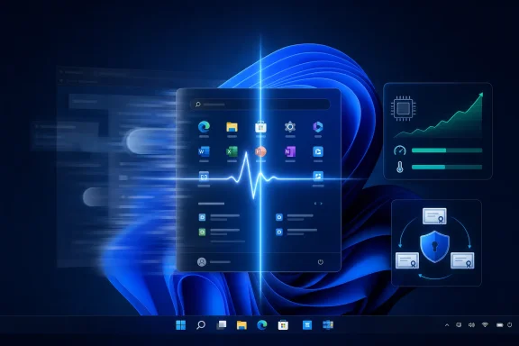 Abstract blue cybersecurity interface with app icons, data charts, and heartbeat waveform over a Windows-style desktop.