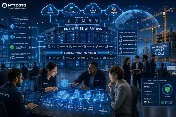 Team of engineers collaborating in a control-room setting with an “Enterprise AI Factory” digital dashboard.