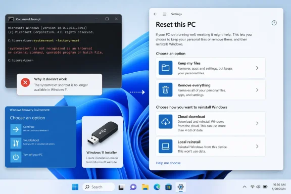 Windows 11 reset/boot options shown with a command prompt error on the desktop.