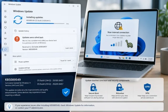 Windows Update screen shows KB5089549 installing and rolled back, with a laptop warning about slow internet connection.