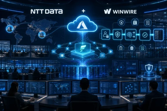 Futuristic control room with digital cloud security icons for NTT Data and Winwire collaboration.