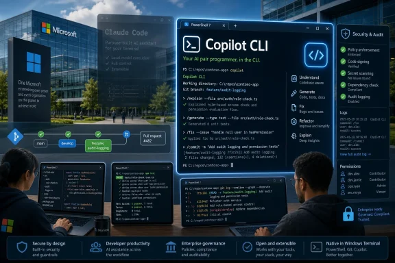 Two developers in an office view a holographic terminal showing Microsoft Copilot CLI commands and security audit status.