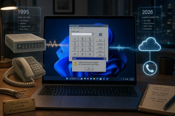 Vintage dial-up modem and phone keypad UI over a modern laptop, comparing 1995 vs 2026 connectivity.