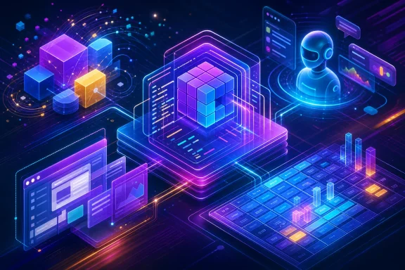 Futuristic AI data center scene with glowing cubes, charts, and a holographic server at center.