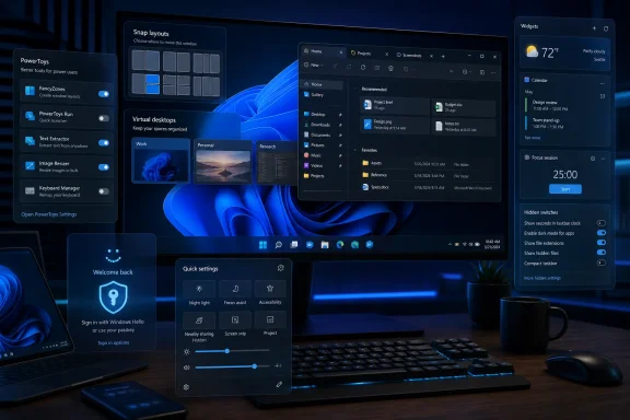 Windows 11 desktop showing PowerToys and snap layout settings on a blue-themed workstation.