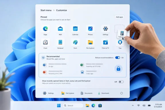 Hand selects the Calculator icon in a Windows 11 Start menu customization screen.
